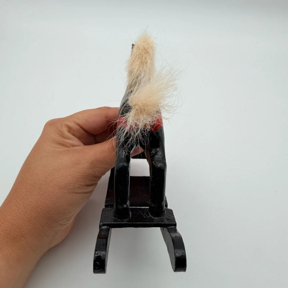 Vintage Hand-Carved Wooden Rocking Horse Figurine with Real Hair Mane and Tail